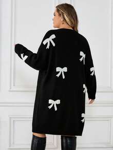 SHEIN CURVE+ 女士蝴蝶结图案圆领落肩长袖休闲毛衣连衣裙，秋冬蝴蝶结连衣裙/套头衫连衣裙/带蝴蝶结连衣裙/秋冬 - 黑色 - 查看 2