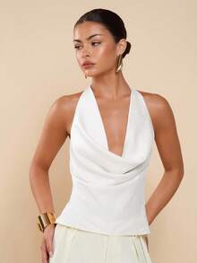 COSMINA Women's Fashionable Sexy Plunging Neck Backless Halter Top, Open Back Top, White Backless Top - White - View 2