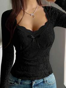 Rafferiza 女士法式浪漫蕾丝蝴蝶结性感上衣 - 黑色 - 查看 4