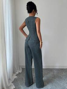 Elenzga Conjunto de chaleco y pantalones de mezclilla sin mangas de moda casual para mujer - Azul lavado medio - Ver 2
