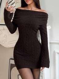 Muchica Vestido corto de punto casual con hombros descubiertos y manga larga para mujer en otoño/invierno