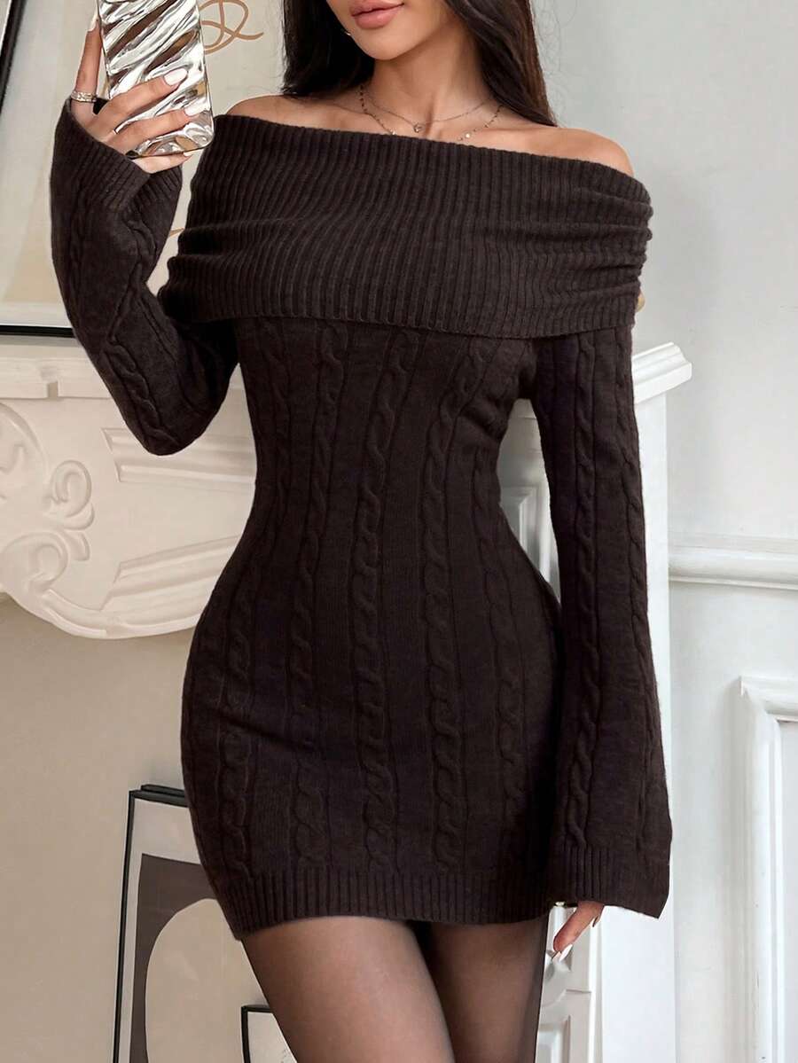 SHEIN EZwear Women's Plain Off Shoulder Long Sleeve Casual Short Sweater Dress In Fall/Winter - Coffee Brown - View 1