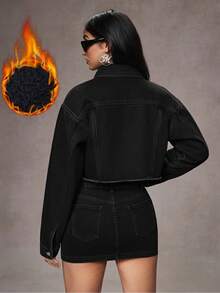 SHEIN ICON Washed Distressed Short Drop Shoulder Long Sleeve Button Front Denim Jacket - Black - View 2
