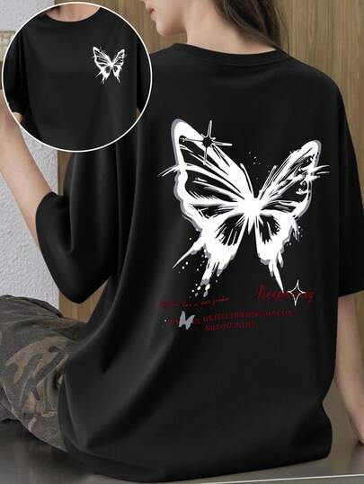 女士休闲蝴蝶图案圆领短袖T恤，百搭，适合夏季户外穿着