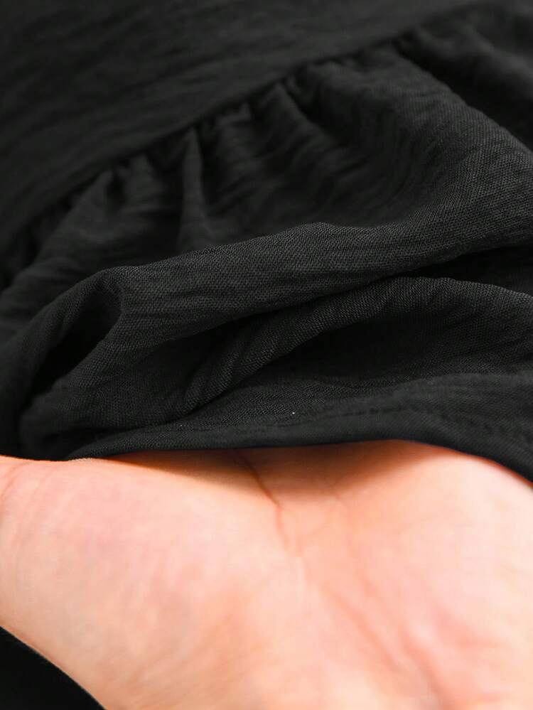 CosyJoli Blusa Casual Bordada de Chiffon com Decote em V, Manga Balão e Silhueta A-Line, Plus Size - Preto - Visão 6