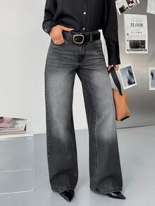 EURMUSE Women's Jeans Women's Casual Low Waist Snow Wash Wide Leg Jeans 2000s Style Black Jeans - Grey - View 3