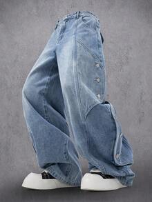 Manfinity Denimwave Men's Casual Loose Fit Distressed Denim Jeans With Graphic Patch Design Baggy Jeans Men Design - Medium Wash - View 6