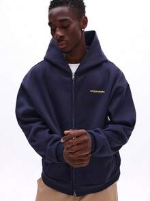 SUMWON 男士宽松版型拉链连帽衫，带抽绳帽和贴边口袋，休闲街头风 - 藍色 - 查看 4