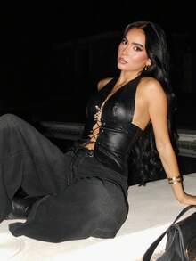 AfricaSnchz 仿皮外出上衣西部露背领口前蕾丝短款上衣伊比沙岛波西米亚风度假性感优雅伊比沙岛夜间外出上衣俱乐部万圣节派对 - 黑色 - 查看 1