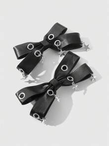 ROMWE Grunge Punk 2个Y2K风格复古优雅朋克哥特黑色皮革双透气蝴蝶结装饰DIY发夹爪发卡，适合姐妹、朋友日常佩戴或节日礼物，万圣节 - 黑色-14 - 查看 4
