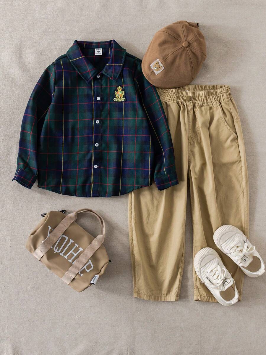 PrepCrw 1件男童优雅学院风休闲都市经典绿色格子长袖衬衫，适合旅行、聚会、返校、秋冬季纽扣衬衫 - 彩色 - 查看 1