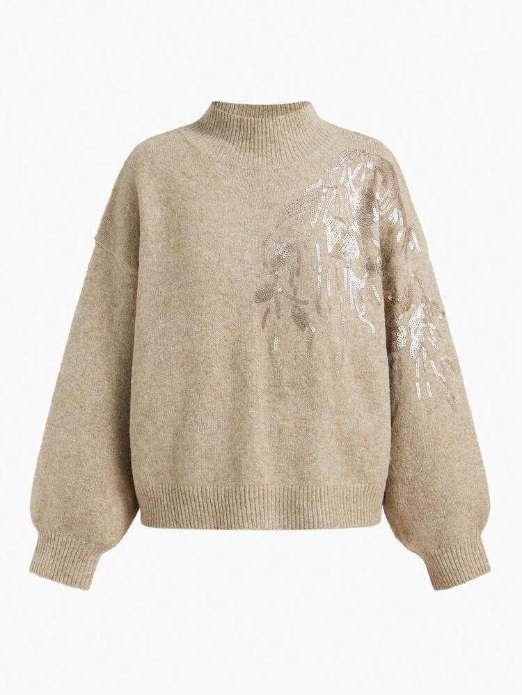 VINTAGE GLAMOROUS SEQUIN FLORAL EMBROIDERED TURTLENECK WOMEN SWEATER, AUTUMN/WINTER