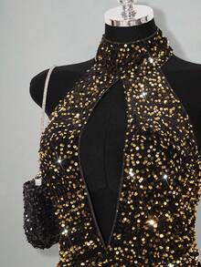 SHEIN ICON 大码金色亮片深V领双层蛋糕裙连衣裙，Y2K性感亮片派对礼服 - 酒紅色 - 查看 5