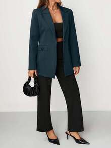 EURMUSE Women's Purple Button Front Pocket Detailed Elegant Blazer Jacket - Dark Green - View 4
