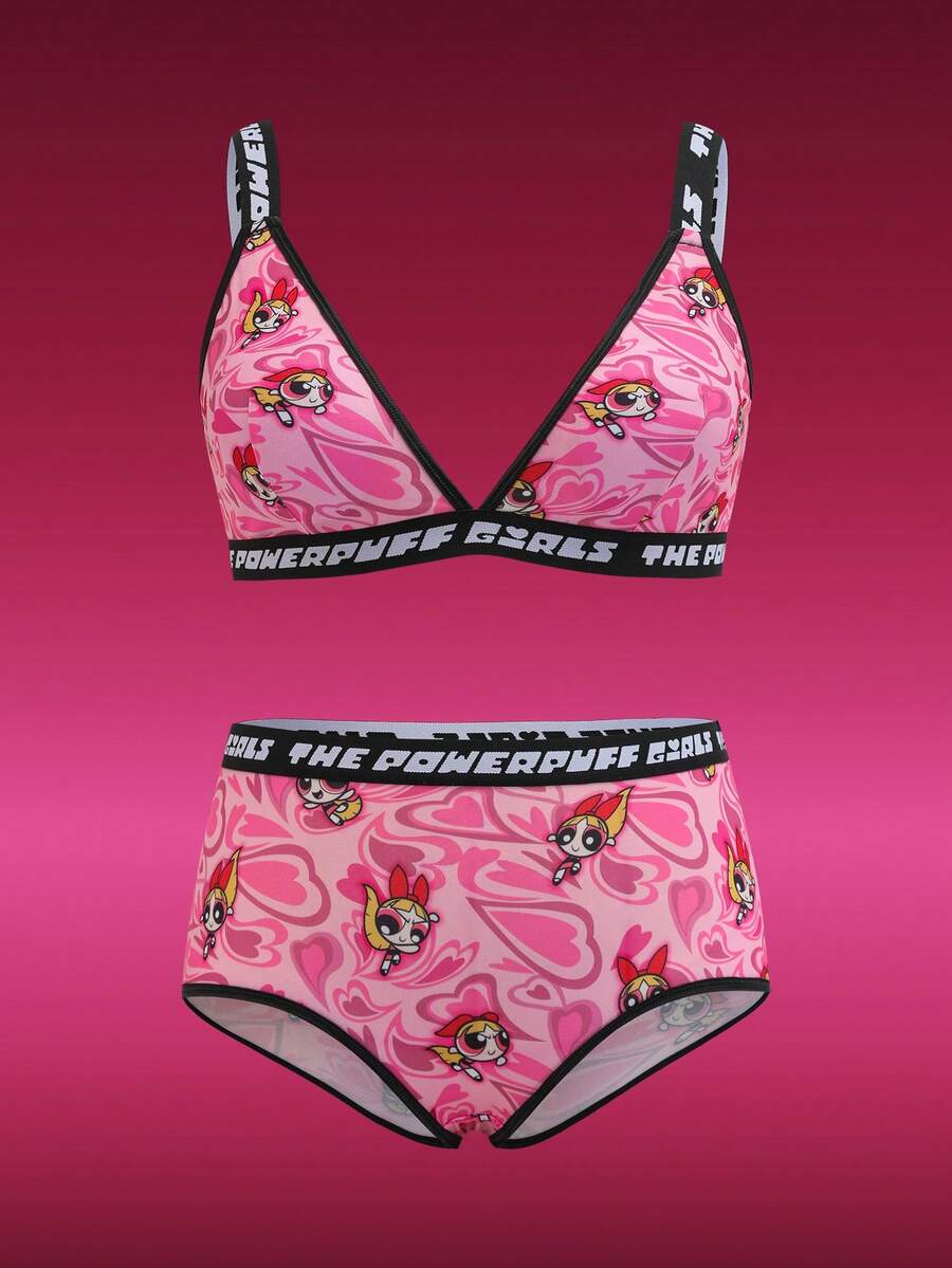 THE POWERPUFF GIRLS X SHEIN Bộ áo ngực và quần lót họa tiết hoạt hình chữ cái co giãn thoải mái cỡ lớn - Hồng - Xem 1