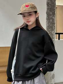 Dazy Kids 少女纯色针织抓绒连帽卫衣，秋季款 - 黑色 - 查看 4