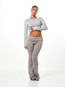 SUMWON WOMEN Side Ruched Flare Lounge Pants Ribbed Knit Comfortable Casual Bottoms High Waisted Wide Leg Trousers - Grey - View 3