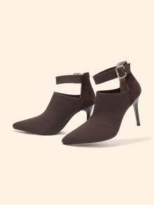 CUCCOO BASICS Damen Mode Kaffeefarbe Knöchelriemen Strickstoff Spitzschuh Stiletto Absatz Knöchel Stiefel, sexy für Dates, Partys, festliche Anlässe zu Weihnachten - Kaffeebraun - Übersicht 4