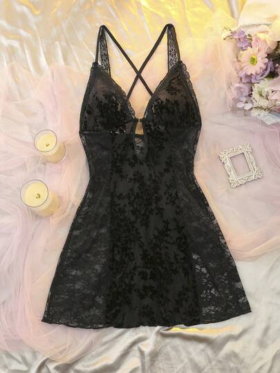 DelicateAllure able, Elegante Verleidelijke Spaghetti Strap Hollow Neck Doorschijnende Women Nightgown Sleep Dress Lingerie Babydoll Kanten view 6