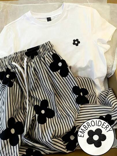 Resyla 2pcs/Set Women Floral Print Round Neck Short Sleeve Top And Striped Print Drawstring Waist Long Pants