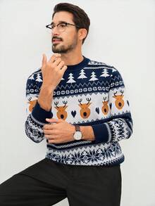 Manfinity Homme Men's Colorblock Reindeer Pattern Crew Neck Long Sleeve Sweater Jumpers Men Knit Wear Men Christmas - Royal Blue - View 4