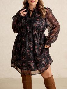 SHEIN CURVE+ Đầm dài tay cổ buộc tua rua họa tiết hoa cỡ lớn cho nữ, thời trang mùa thu - Nhiều màu - Xem 3