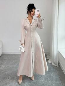 Elenzga New Women's Blazer Collar Long Sleeve Bow Decor Faux Pocket Open Front A-Line Maxi Dress, Versatile For Vacation, Commute, Daily Wear, Autumn/Winter, Youthful & Elegant - Multicolor - View 7