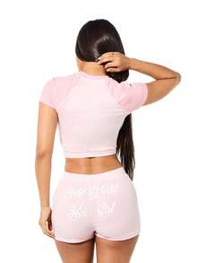 SUMWON WOMEN Christmas Holiday Graphic Baby Tee And Shorts Co-Ord Set With Text Print - Pink - View 2