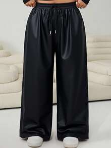 SHEIN EZwear 大码女式纯色抽绳腰阔腿宽松休闲PU皮裤 - 黑色 - 查看 2