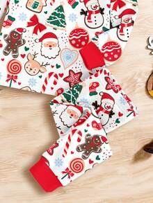 SHEIN Young Girls Christmas Red, Christmas Eve, Super Cute Gingerbread Man, Bow Heart Print, Christmas Limited Edition Gift, Retro Warm Cute Christmas, Festival Holiday Style Pajamas, Young Girl Casual Soft Comfortable Long Sleeve Long Pants Thermal Lined Loungewear Suitable For Autumn/Winter, Snug Fit, Home, Christmas Party Outfit - Multicolor - View 8
