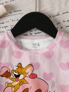 TOM & JERRY X SHEIN Young Girl Cute Cartoon Heart Print Short Sleeve T-Shirt, Casual Daily Commute - White - View 3