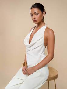 COSMINA Women's Fashionable Sexy Plunging Neck Backless Halter Top, Open Back Top, White Backless Top - White - View 7