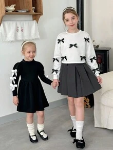 LMoss Kids LMoss 少女纯色圆领 3D 蝴蝶结休闲卫衣，舒适秋冬款式，套头衫 - 白色 - 查看 5