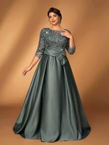 Serin Plus Size Elegant Luxurious Sheer Long Sleeve Embroidered Lace Floral Bubble Pearl + Diamond Bow Flared Dress, Suitable For Wedding, Party, Vacation, Prom, Evening Gown, Mother Of The Bride - Green - View 3