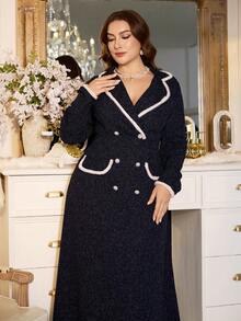 Modelyn 优雅毛边长袖A字连衣裙，适合大码女装，春秋季 - 藏蓝色 - 查看 5