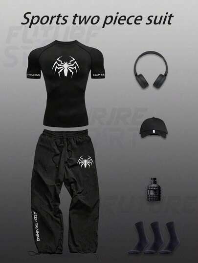 Manfinity Sport Corelite Men Spider Print Short Sleeve Top & Long Pants Sports Suit Workout Clothes Running Sets, Black Active Set, Gym Clothes Set, Active Wear Sets Short Sleeve Workout Set Gym Top Fall Breathable
