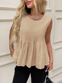 SHEIN LUNE 女士休闲褶皱无袖白色纯棉衬衫 纯棉上衣 夏季上衣 100%纯棉上衣 无袖纯棉上衣 女士纯棉衬衫 女士纯棉衬衫，休闲 - 卡其色 - 查看 7