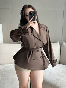 Flirla 优雅纯色系带修身纽扣装饰休闲简约A字风衣 - 棕色 - 查看 4