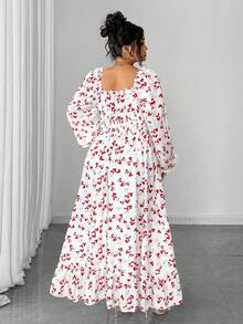 SHEIN Clasi 大码女士优雅法式时尚个性随机爱心印花荷叶边长袖修身连衣裙，适合日常穿着、外出、通勤、度假、约会、情人节、新年等场合。 - 彩色 - 查看 9