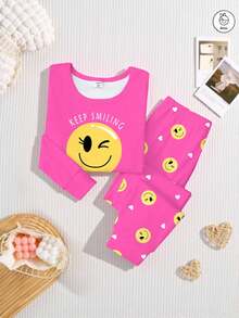 2件套少女可爱黄色印花圆领长袖上衣和打底裤针织面料舒适柔软高弹贴身睡衣 - 玫紅色 - 查看 3