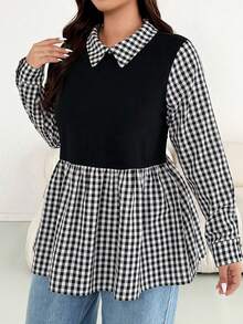 SHEIN Essnce 大码女士秋冬时尚休闲宽松舒适日常黑白格子拼接黑色长袖收腰两用上衣，秋季工作上衣 - 黑與白 - 查看 5