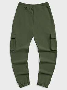 SHEIN Cottnline Men's Solid Color Drawstring Waist Side Pockets Jogger Pants With Elastic Cuffs - Dark Green - View 2