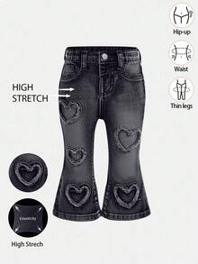 SHEIN Baby Girls' Frayed Heart Denim Jeggings, Blue - Black - View 6