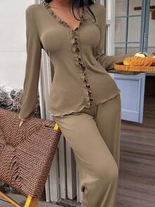 SHEIN Women's Solid Color Casual Frill Trim V-Neck Long Sleeve Top & Pants Lounge Set, Winter Clothes - Coffee Brown - View 7
