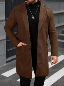 Manfinity Mode Men's Plus Size Coffee Brown Solid Color Lapel Single-Breasted Casual Overcoat,Autumn Elegant Formal Long Outerwear For Fall Winter Gray Formal Coat - Brown - View 5