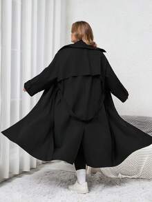 SHEIN CURVE+ 1pc Women's Solid Color Woven Longline Belted Front Button Trench Coat/Winter - Black - View 3