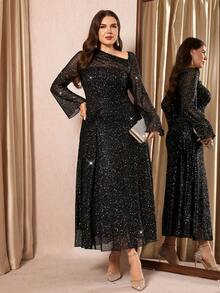 SHEIN Clasi Plus Size Elegant Black Autumn Formal Evening Shiny Pleats Party Dress For Women Christmas Party Outfit Rave Outfit - Black - View 5