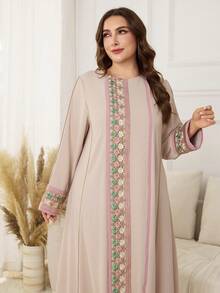 Al Najma Plus Size  Style Women Modest Long Sleeve Applique Decor Arabic Dress - Apricot - View 6