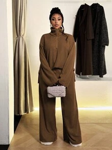 Maweii Conjunto de 2 piezas de pantalones rectos acampanados y holgados con cremallera media para mujer talla grande, cómodo y casual para uso deportivo y en el hogar - Café integral - Ver 6