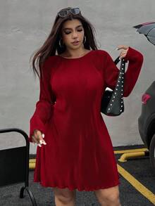 SHEIN EZwear 大码女式红色圆领长袖休闲连衣裙 - 紅色 - 查看 4